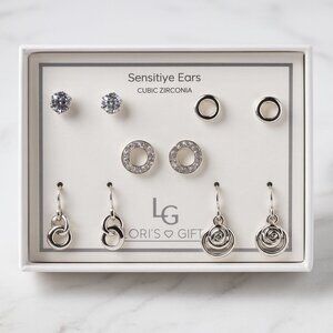 Vtg 5 Pairs Hypoallergenic Earrings Set Silvertone Cubic Zirconia Sensitive Ears